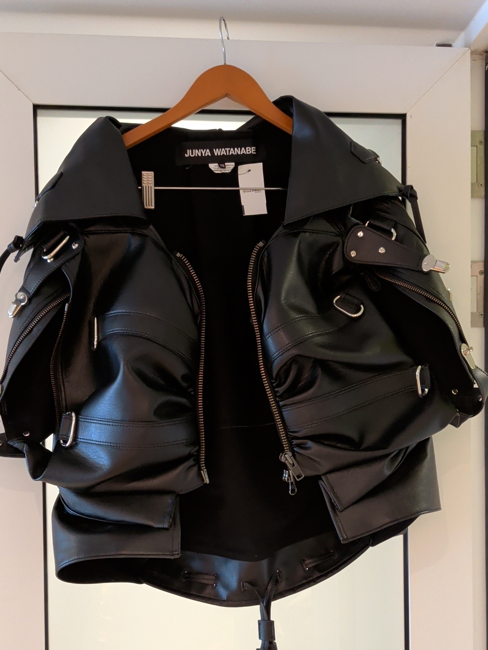 Junya Watanabe Black Leather Biker Jacket with Hardware Details
